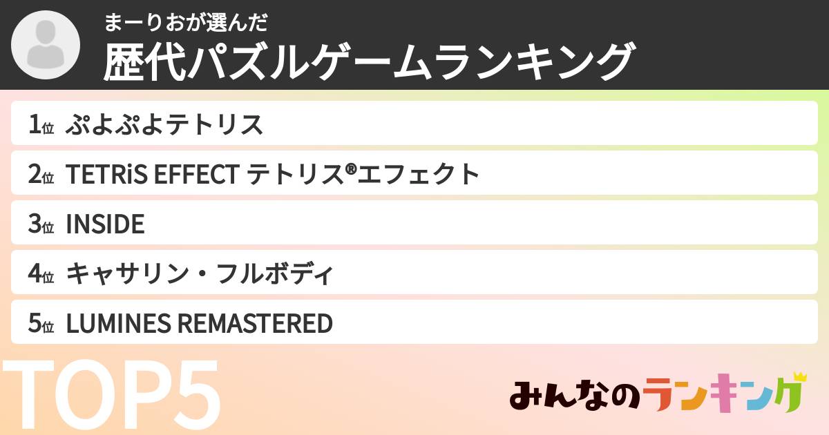 まーりおさんの「歴代パズルゲームランキング」