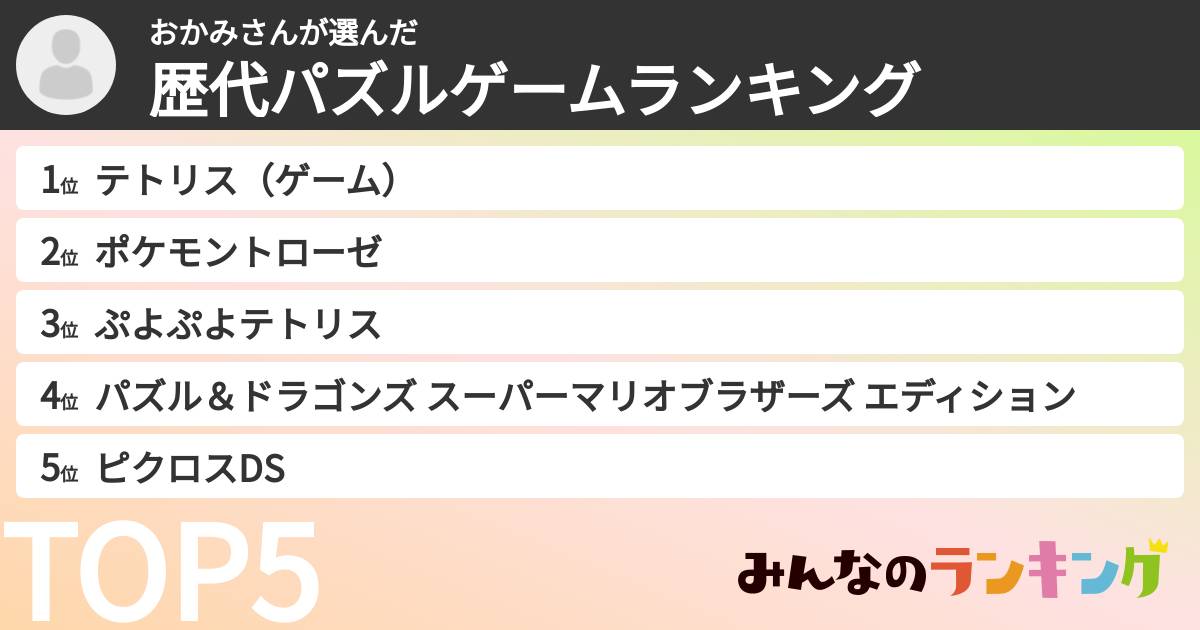 おかみさんさんの「歴代パズルゲームランキング」
