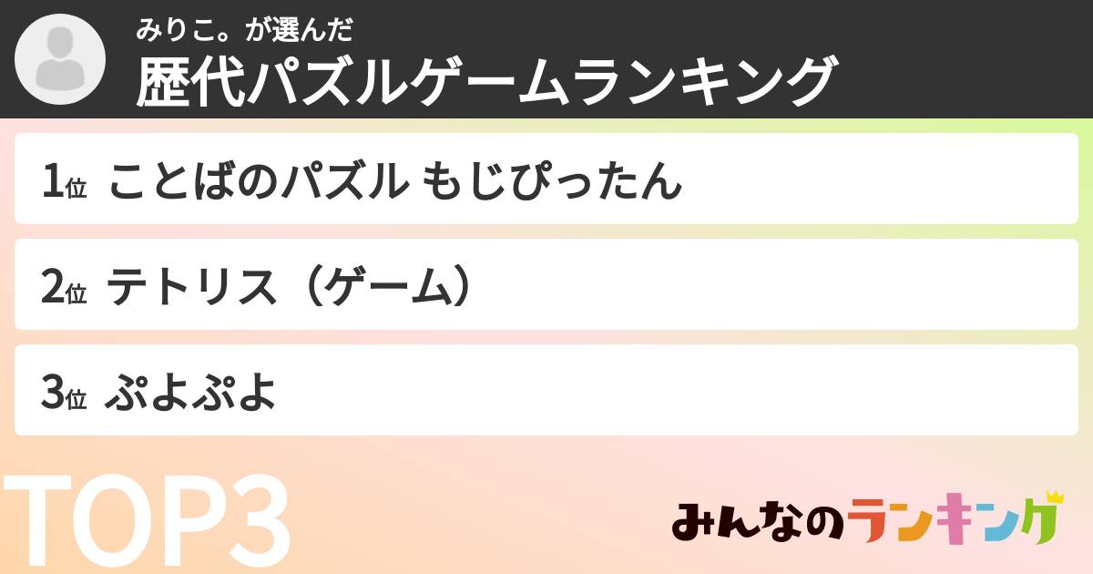 みりこ。さんの「歴代パズルゲームランキング」