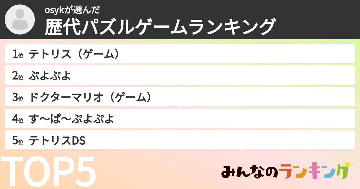 osykさんの「歴代パズルゲームランキング」