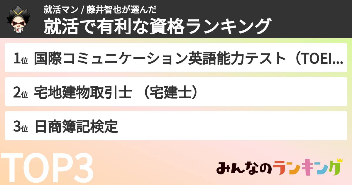 就活マン / 藤井智也さんの「就活で有利な資格ランキング」
