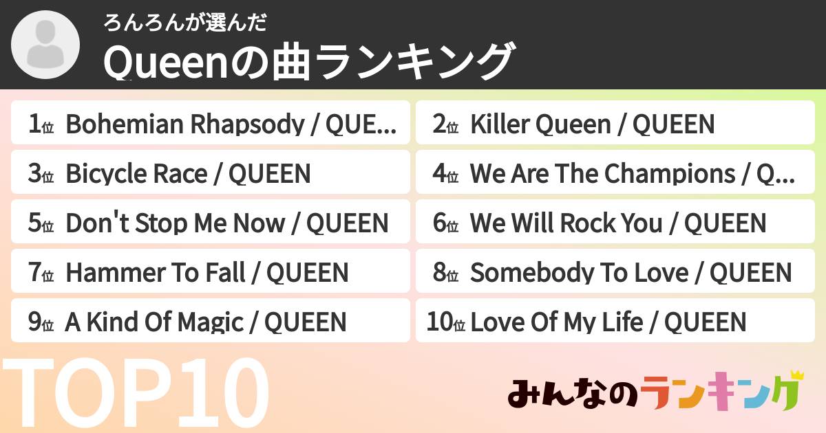 ろんろんさんの「Queenの曲ランキング」