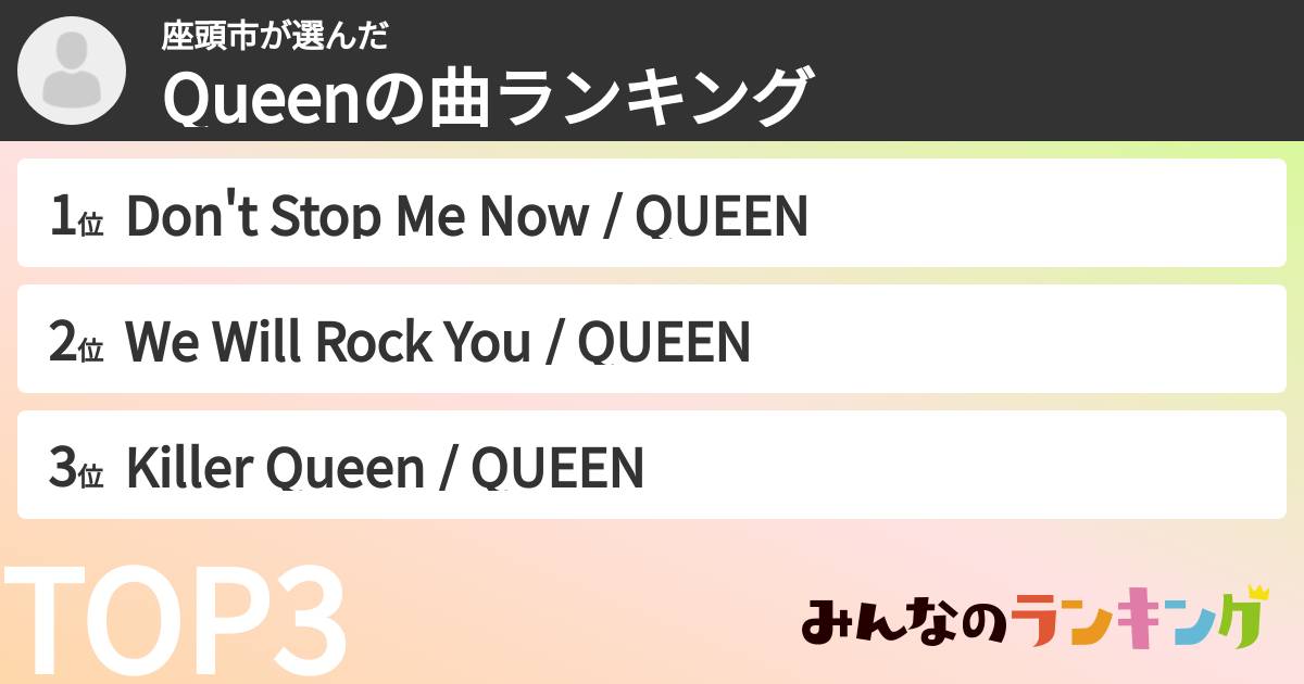 座頭市さんの「Queenの曲ランキング」