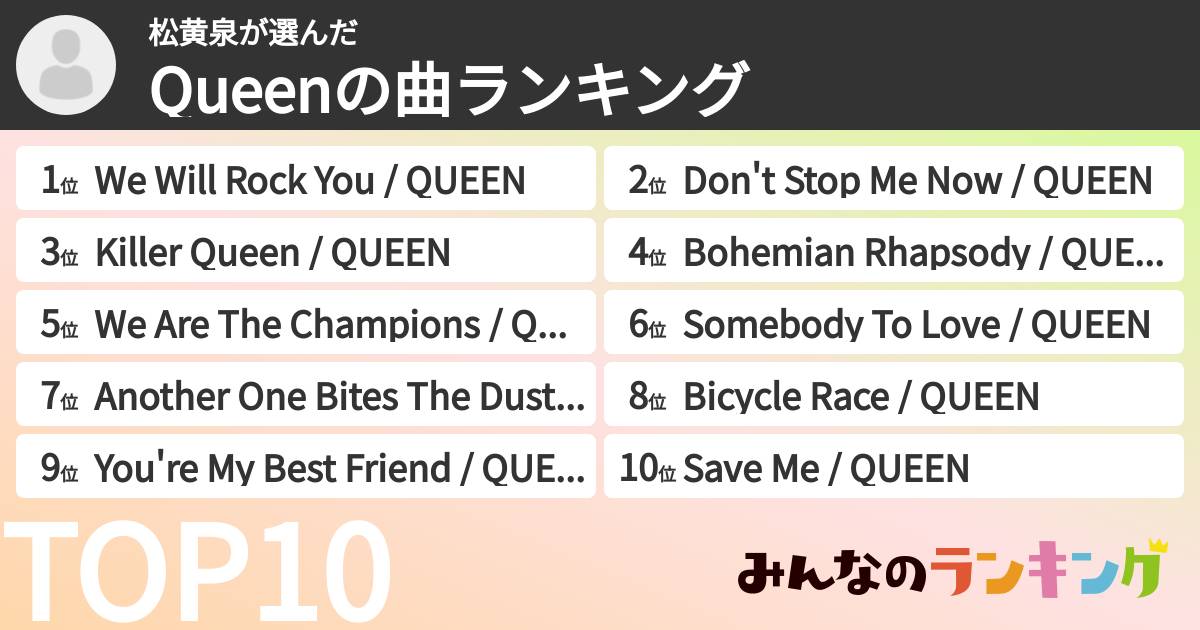 松黄泉さんの「Queenの曲ランキング」