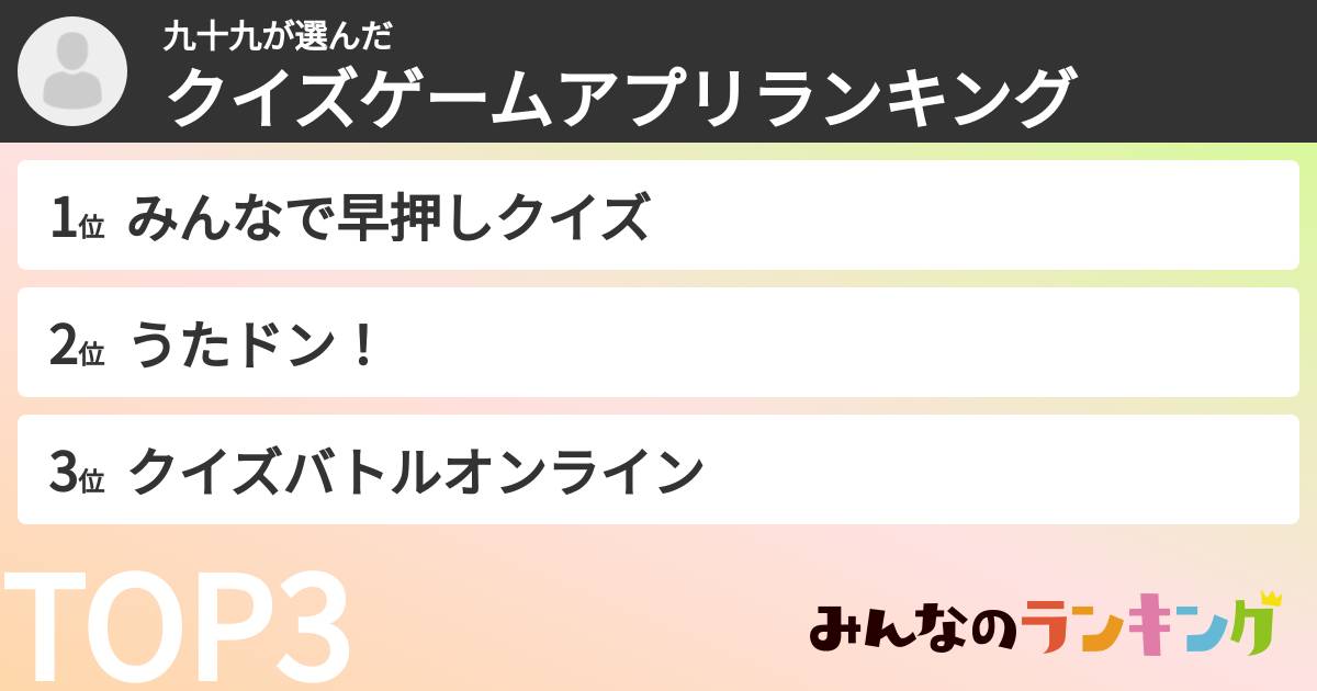 九十九さんの「クイズゲームアプリランキング」