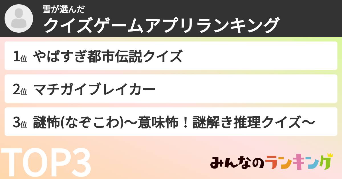 雪さんの「クイズゲームアプリランキング」