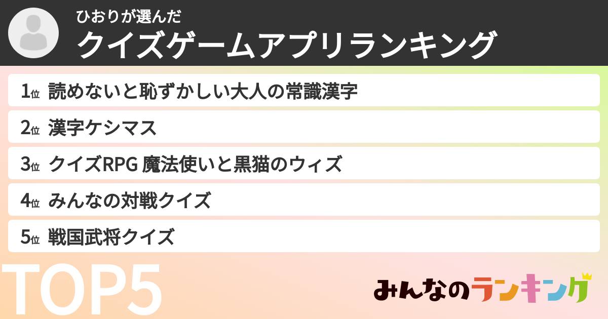 ひおりさんの「クイズゲームアプリランキング」
