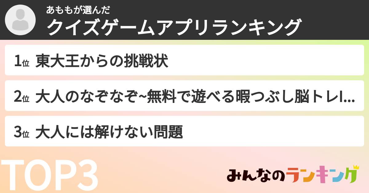 あももさんの「クイズゲームアプリランキング」
