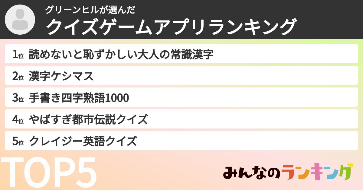 グリーンヒルさんの「クイズゲームアプリランキング」