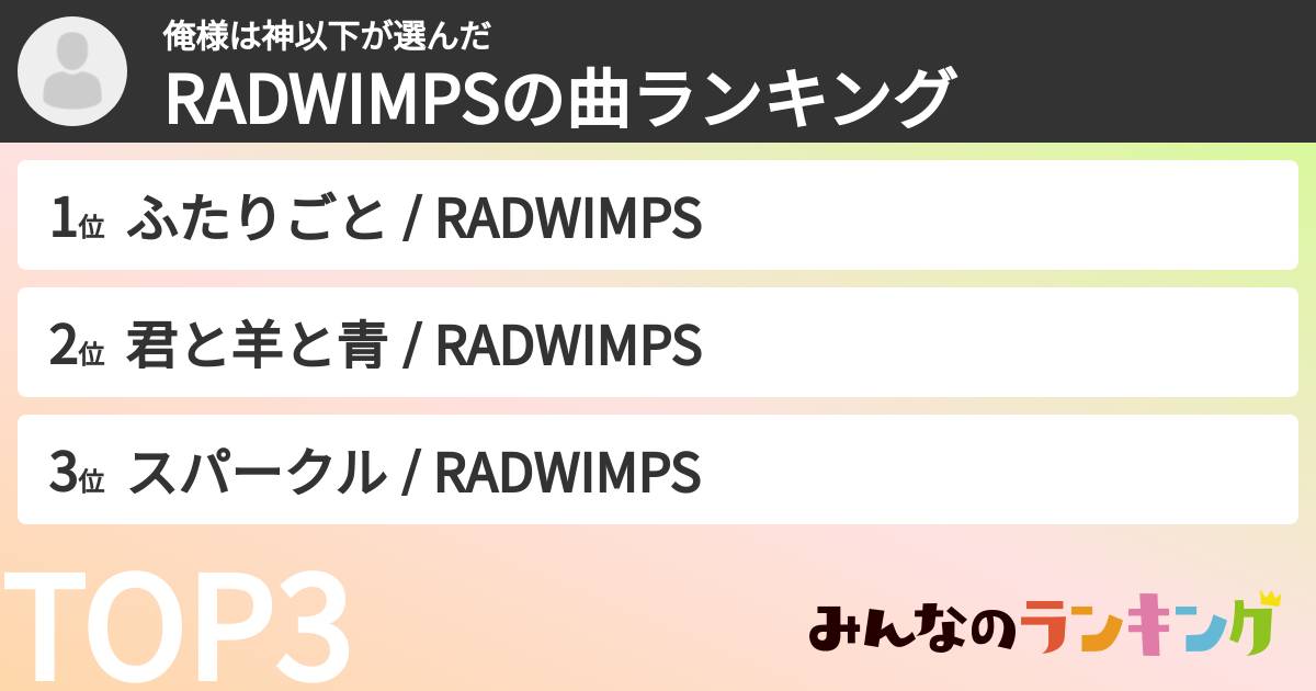 俺様は神以下さんの「RADWIMPSの曲ランキング」