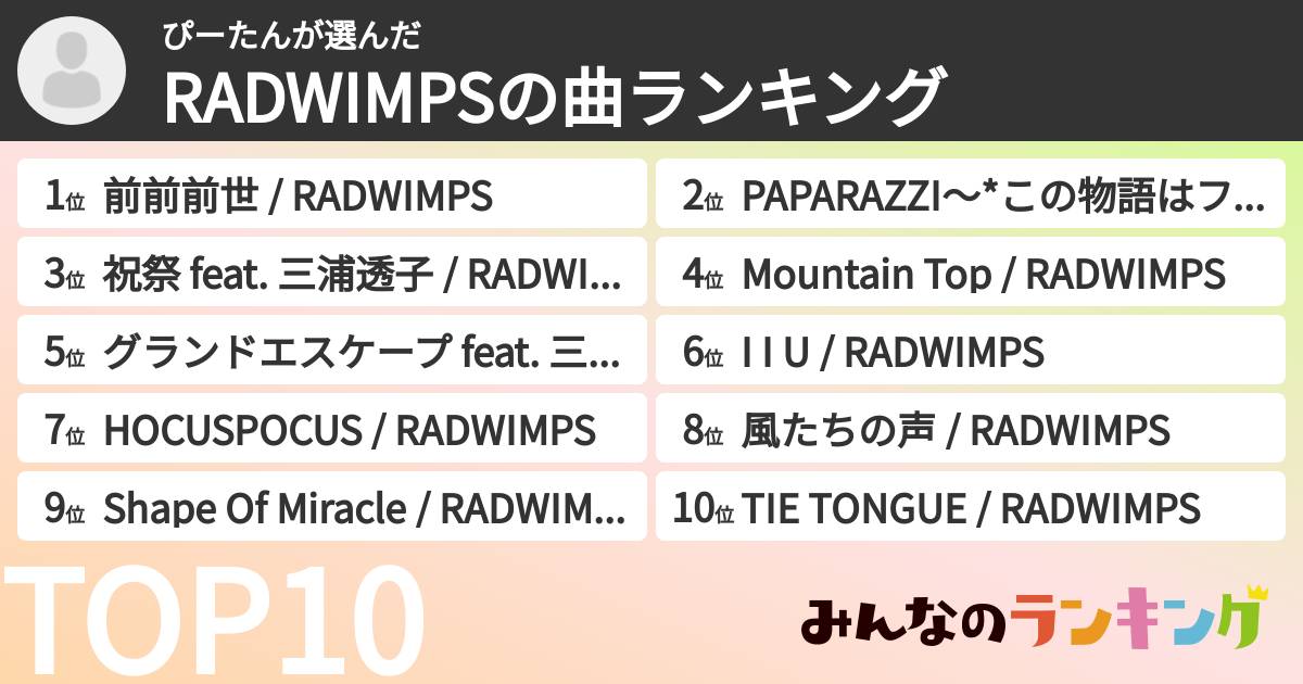 ぴーたんさんの「RADWIMPSの曲ランキング」