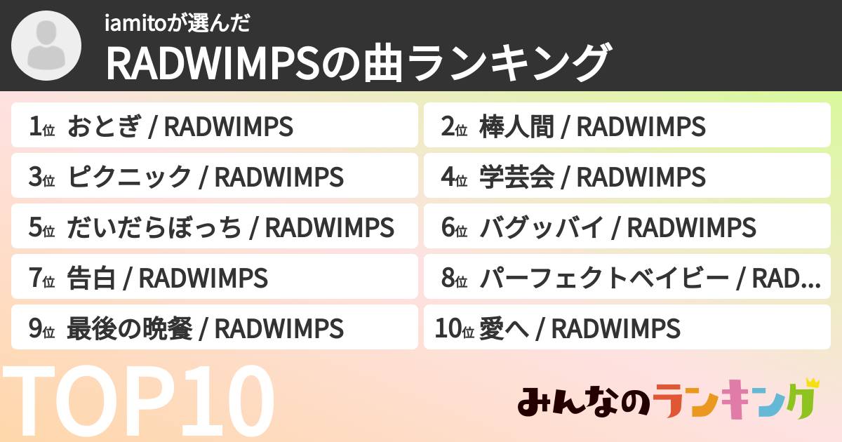 iamitoさんの「RADWIMPSの曲ランキング」