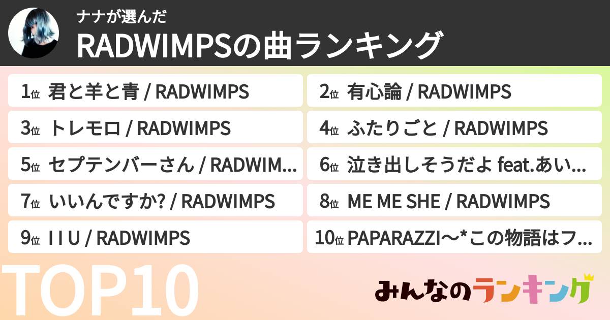 ナナさんの「RADWIMPSの曲ランキング」