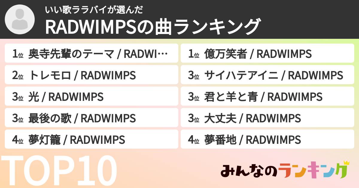 いい歌ララバイさんの「RADWIMPSの曲ランキング」