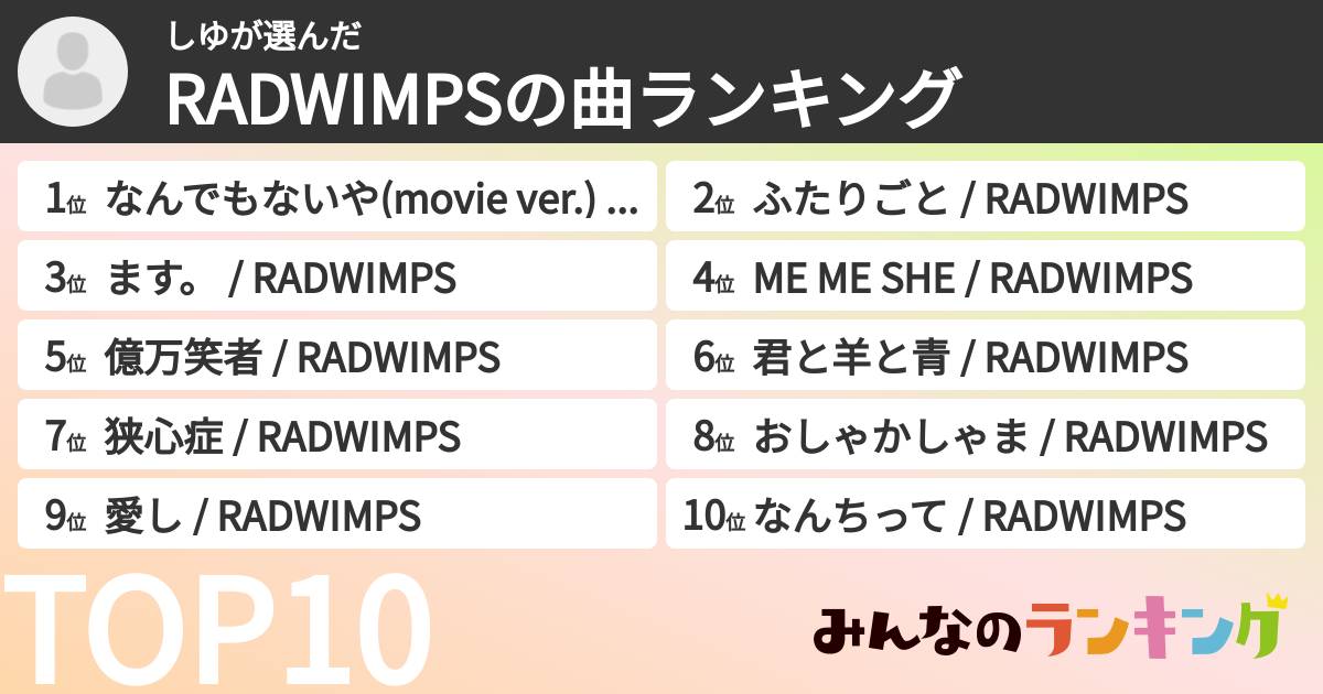 しゆさんの「RADWIMPSの曲ランキング」