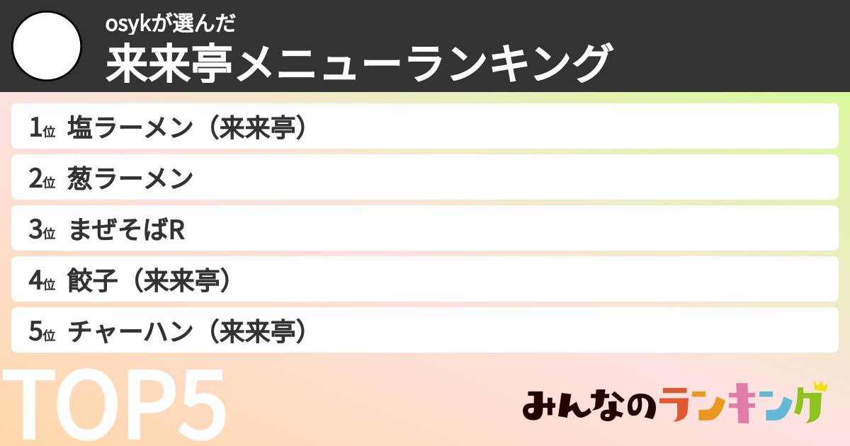 osykさんの「来来亭メニューランキング」