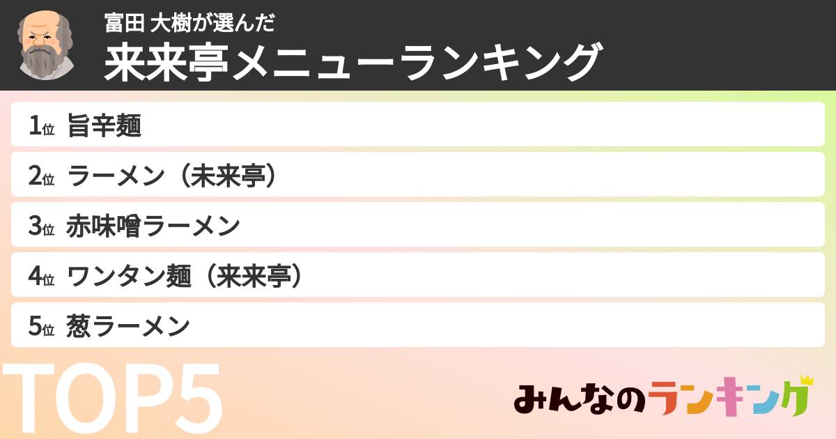 富田 大樹さんの「来来亭メニューランキング」