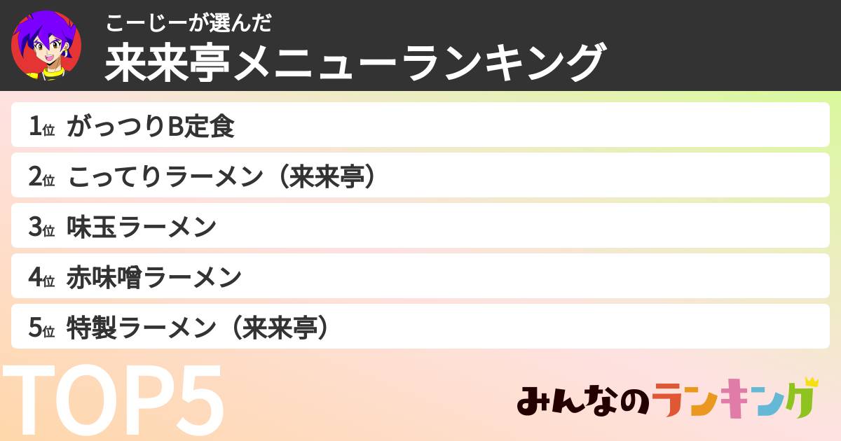 こーじーさんの「来来亭メニューランキング」