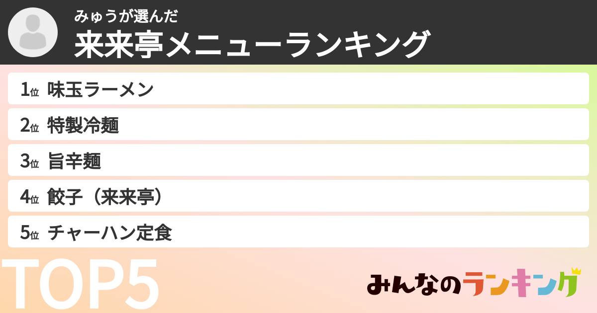 みゅうさんの「来来亭メニューランキング」