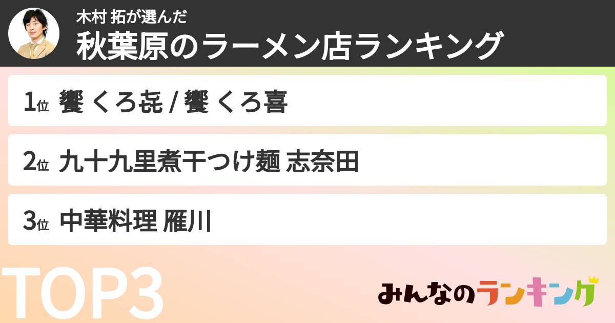 木村 拓さんの「秋葉原のラーメン店ランキング」