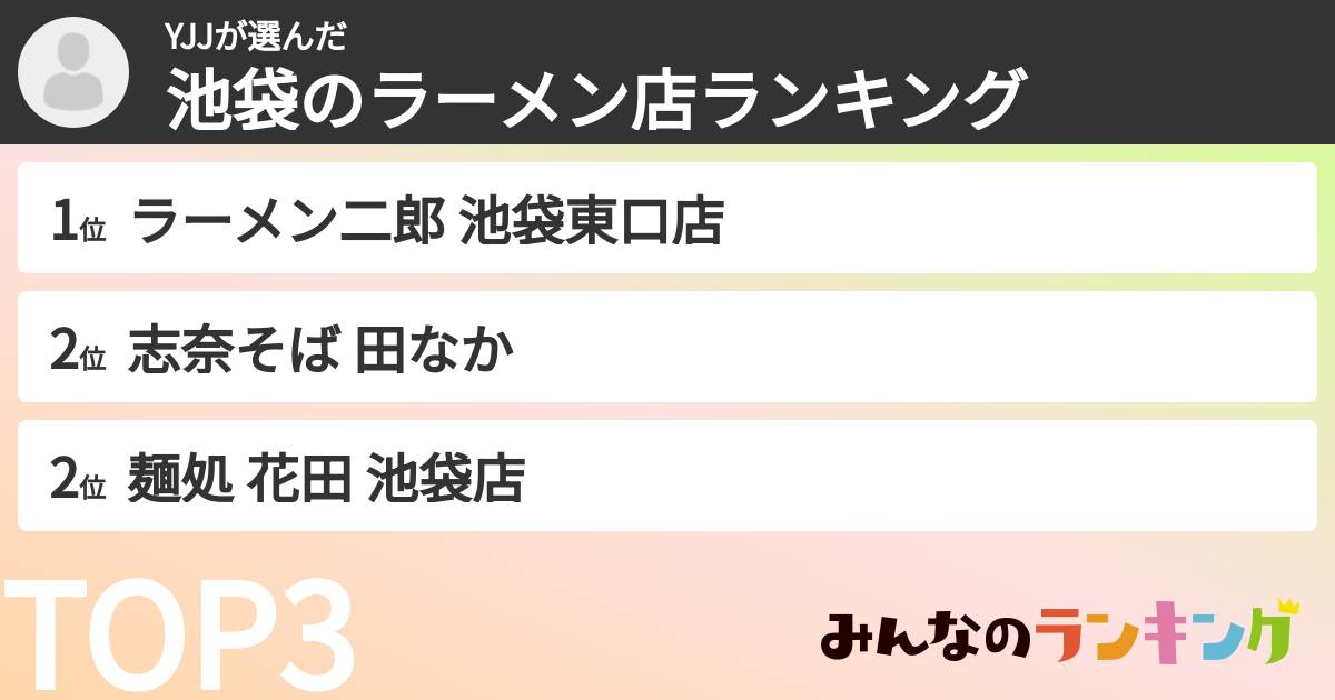 YJJさんの「池袋のラーメン店ランキング」