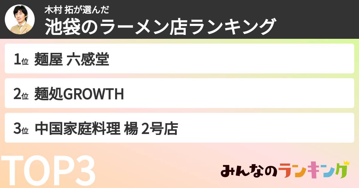 木村 拓さんの「池袋のラーメン店ランキング」