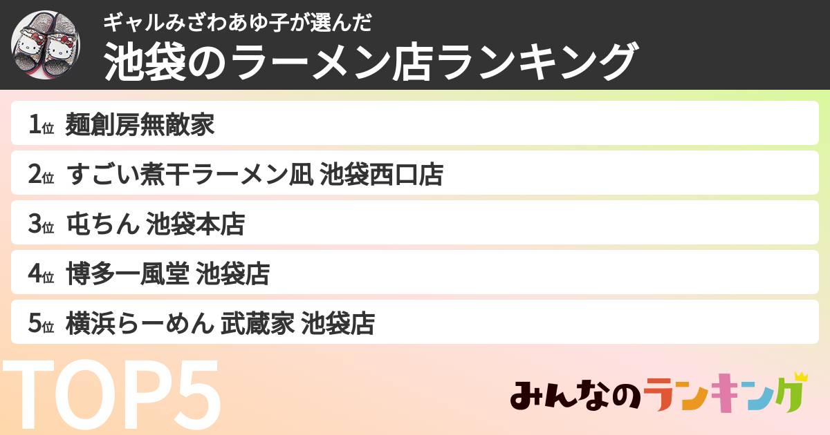 ギャルみざわあゆ子さんの「池袋のラーメン店ランキング」