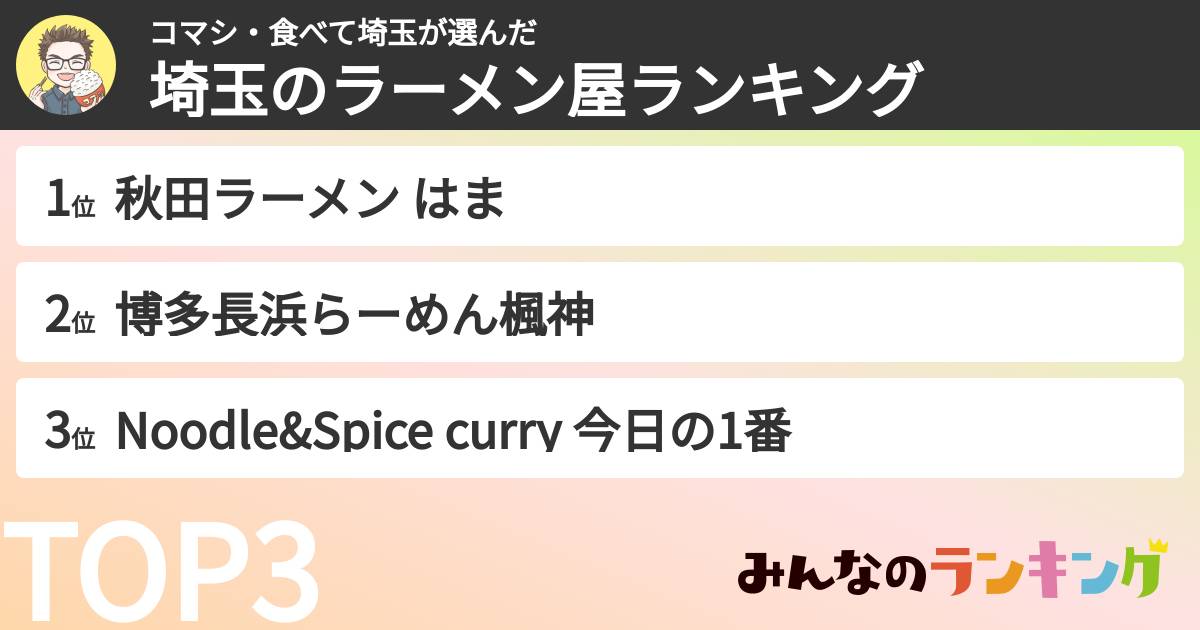 コマシ・食べて埼玉さんの「埼玉のラーメン屋ランキング」