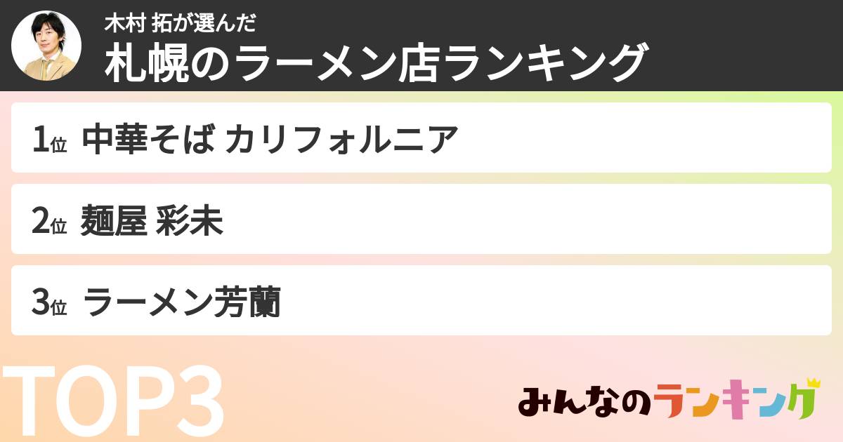 木村 拓さんの「札幌のラーメン店ランキング」