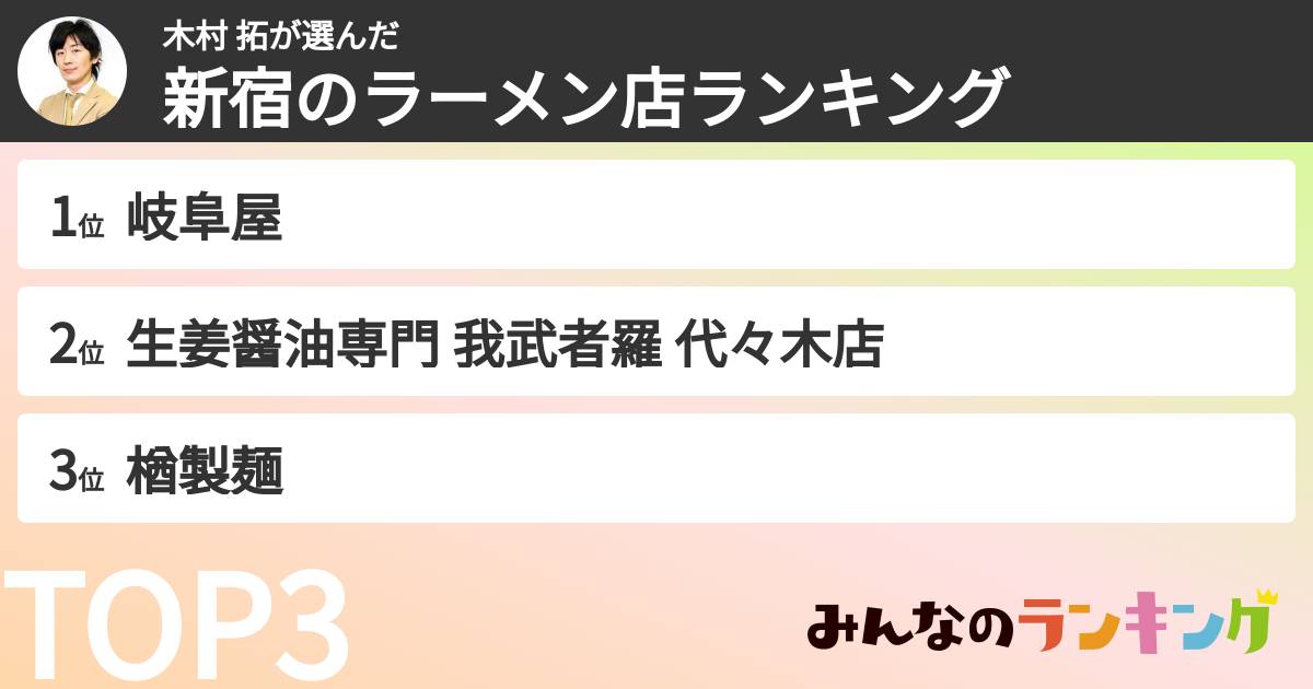 木村 拓さんの「新宿のラーメン店ランキング」
