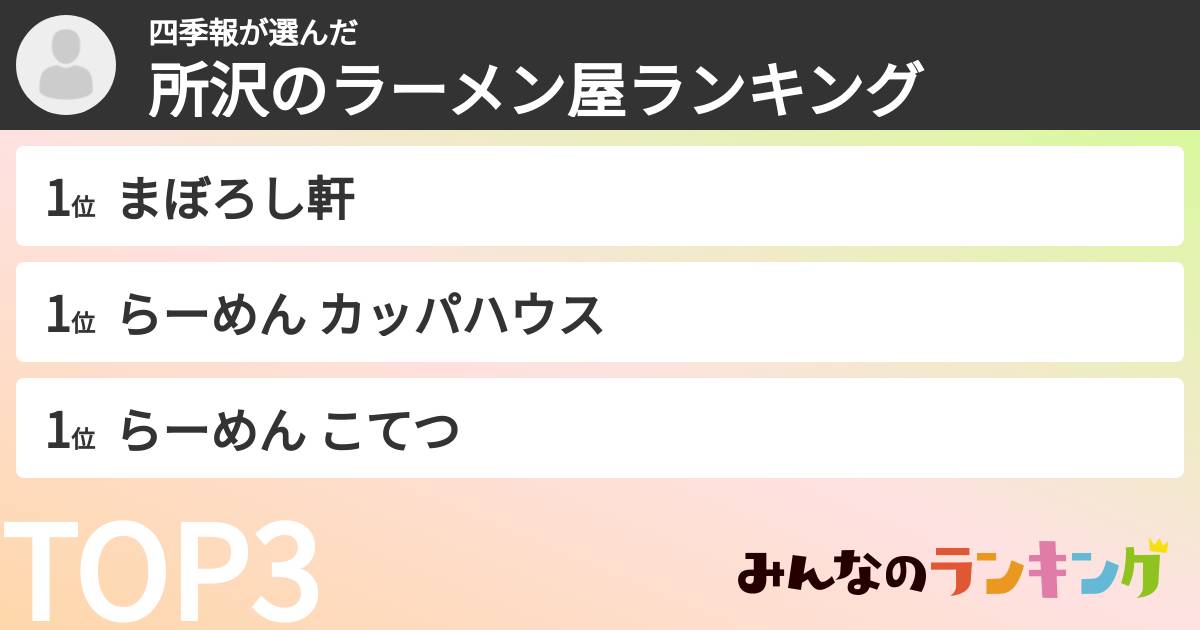 四季報さんの「所沢のラーメン屋ランキング」