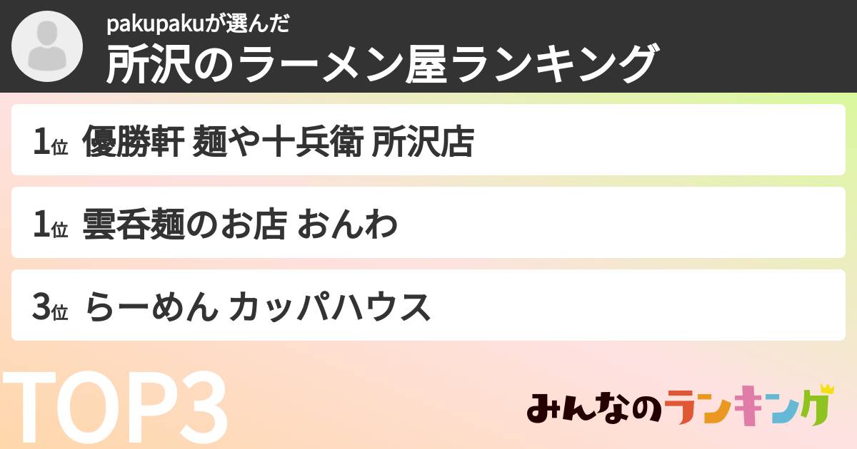 pakupakuさんの「所沢のラーメン屋ランキング」