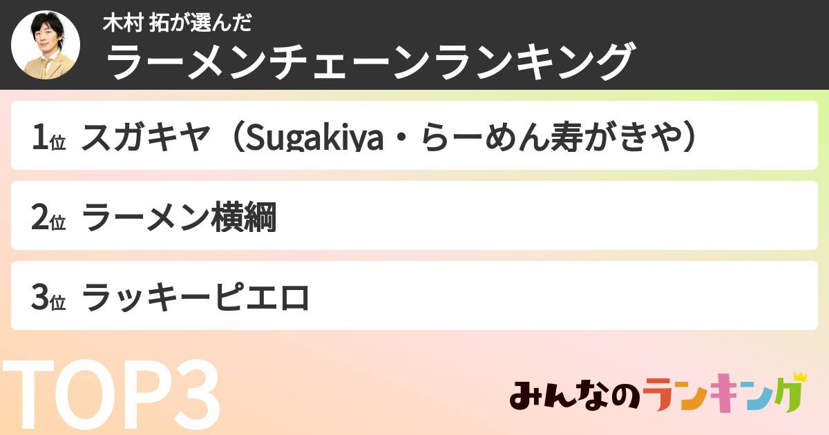 木村 拓さんの「ラーメンチェーンランキング」