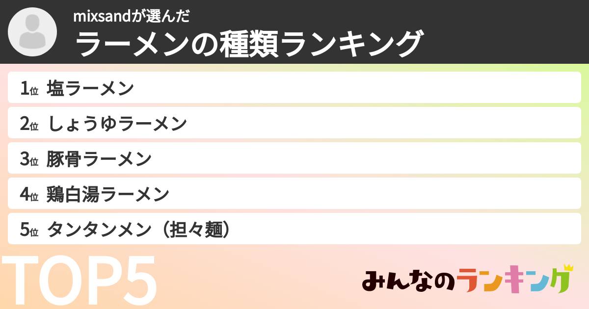 mixsandさんの「ラーメンの種類ランキング」