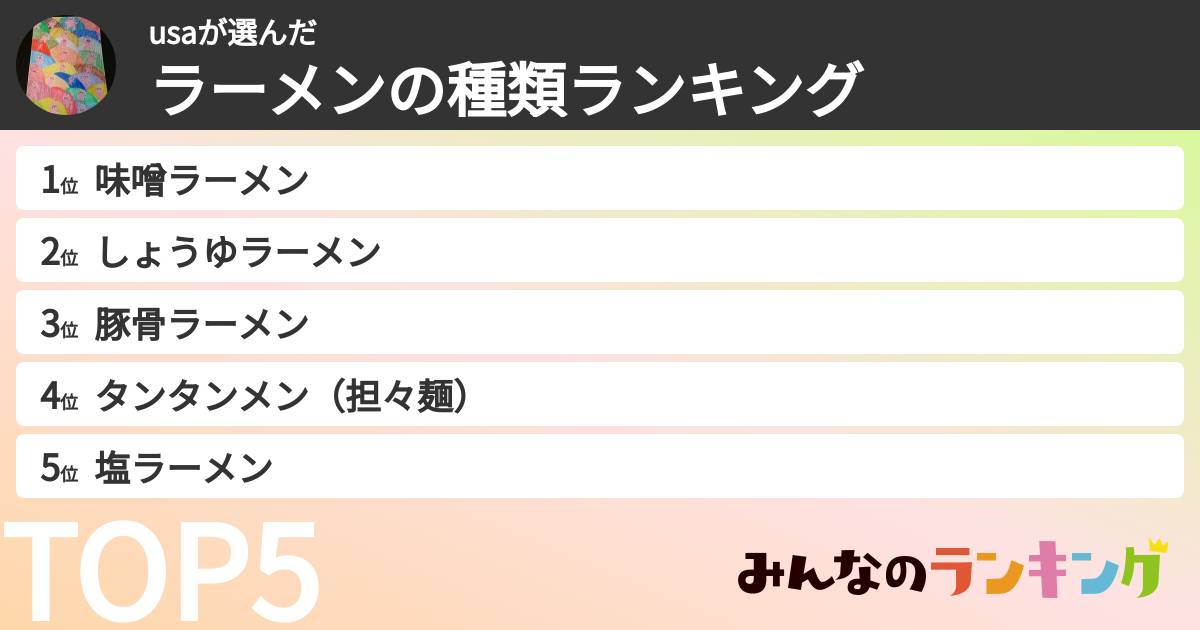 usaさんの「ラーメンの種類ランキング」