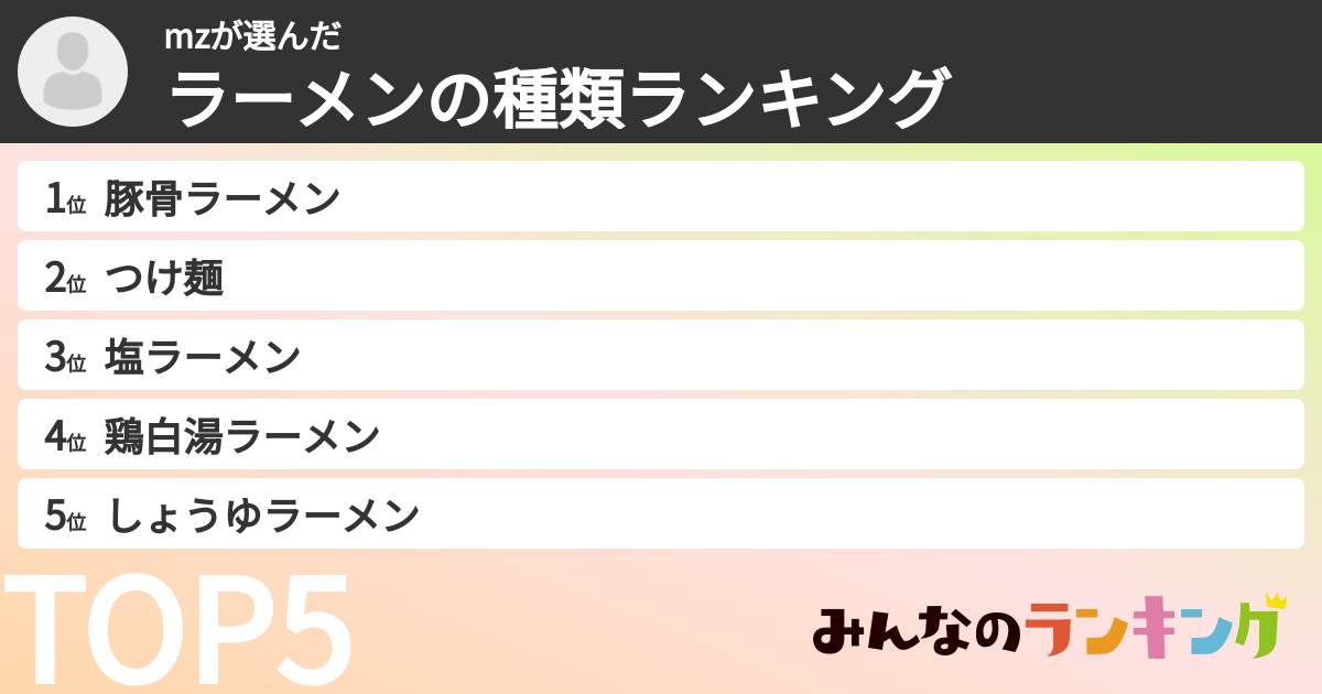 mzさんの「ラーメンの種類ランキング」