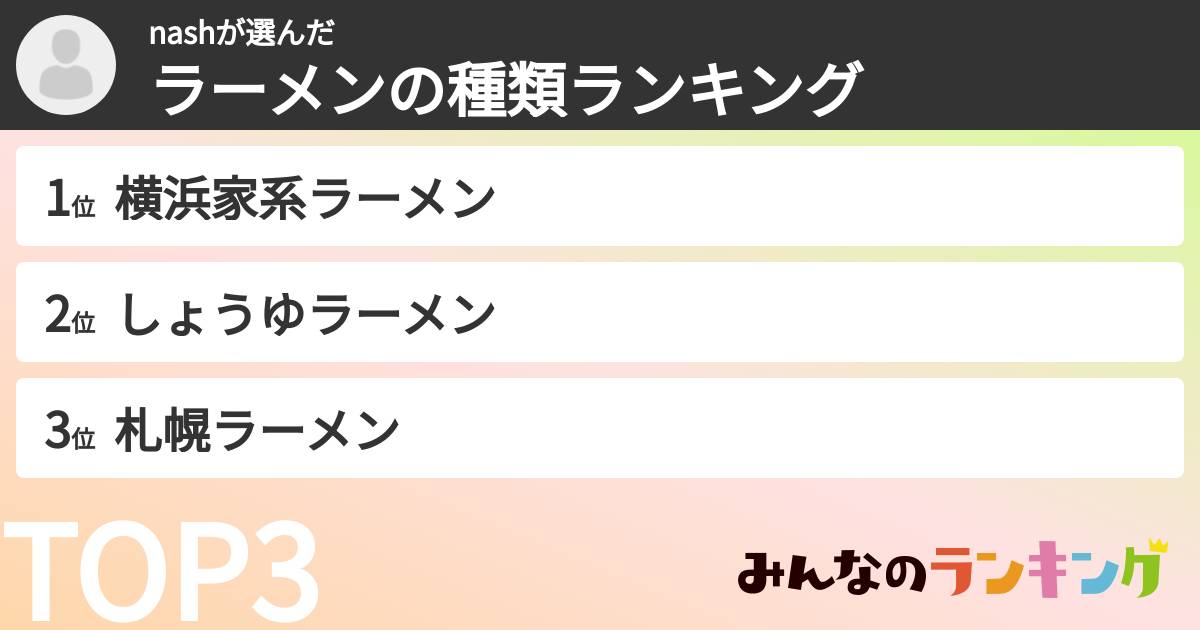 nashさんの「ラーメンの種類ランキング」