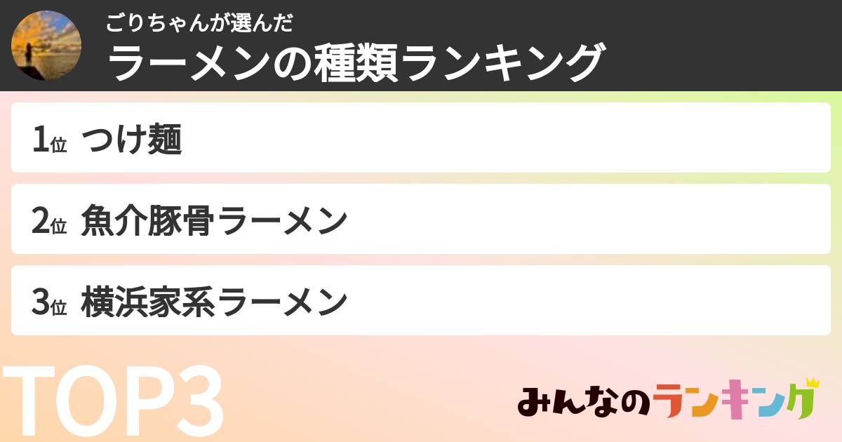 ごりちゃんさんの「ラーメンの種類ランキング」