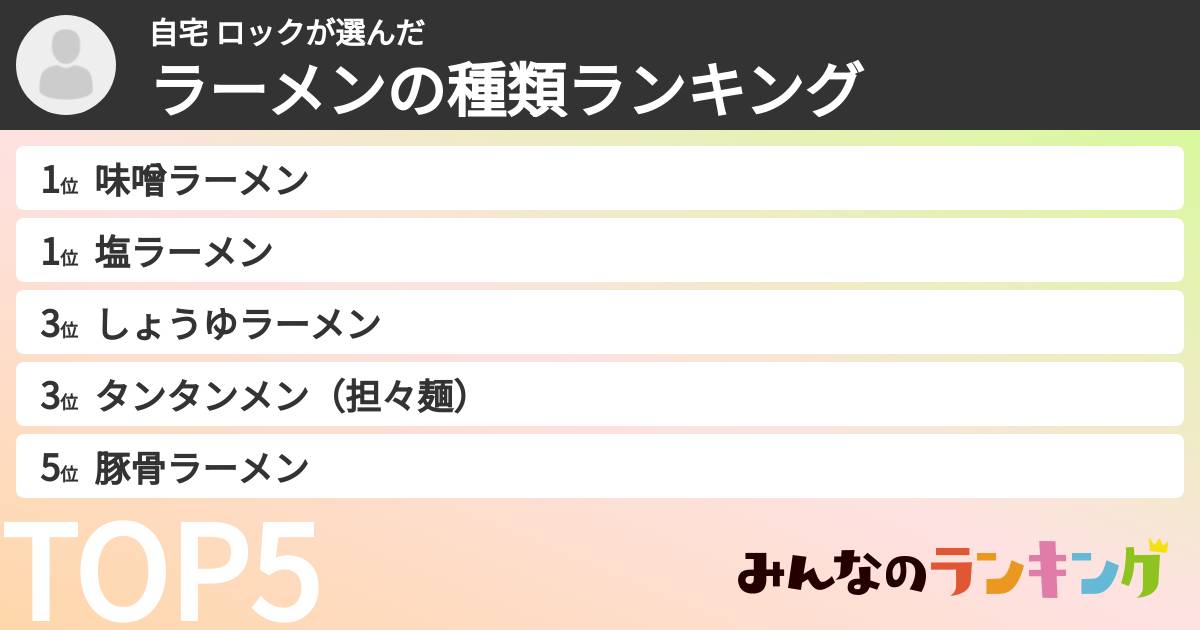 自宅 ロックさんの「ラーメンの種類ランキング」