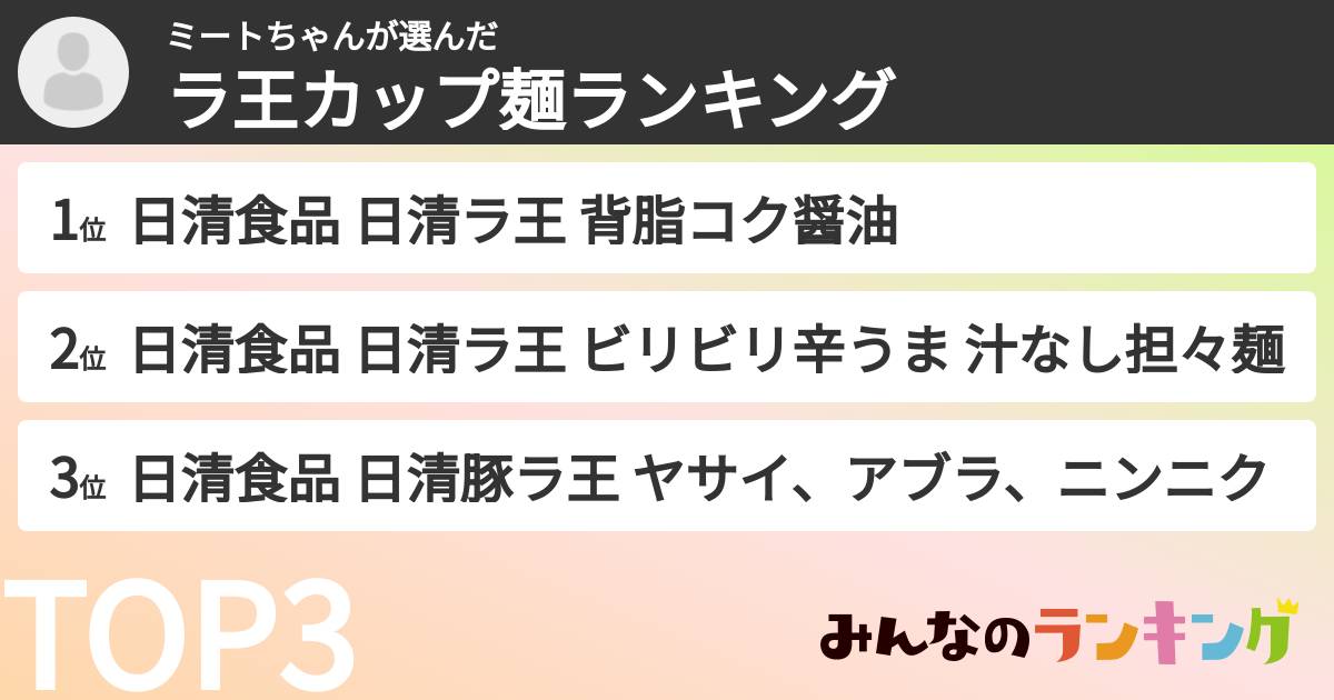 ミートちゃんさんの「ラ王カップ麺ランキング」