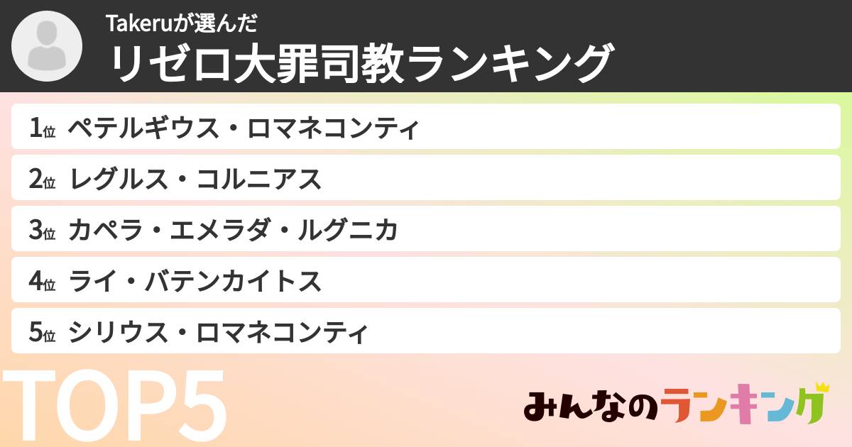 Takeruさんの「リゼロ大罪司教ランキング」