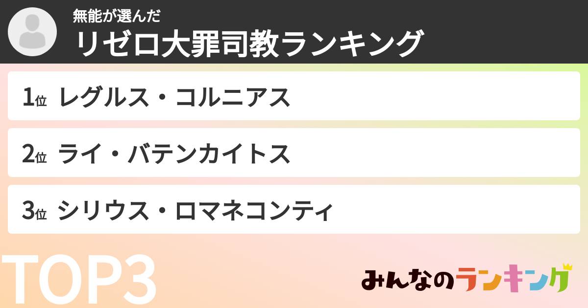 無能さんの「リゼロ大罪司教ランキング」