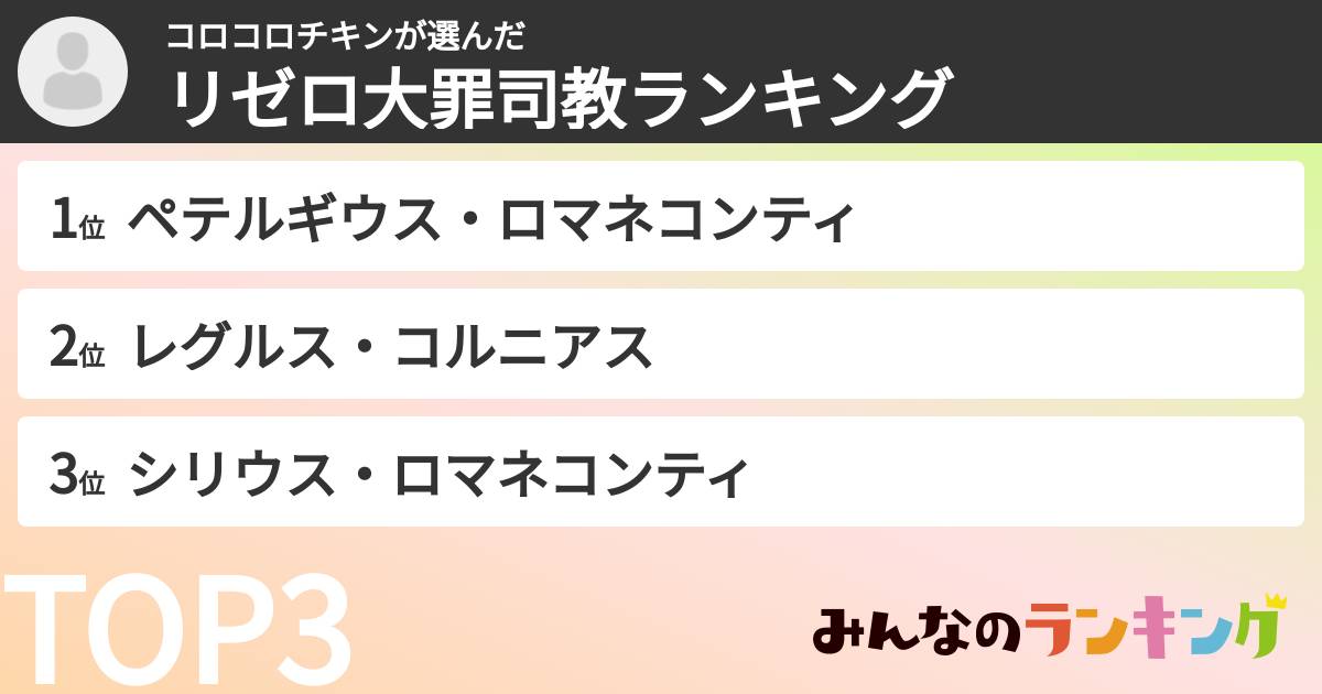 コロコロチキンさんの「リゼロ大罪司教ランキング」