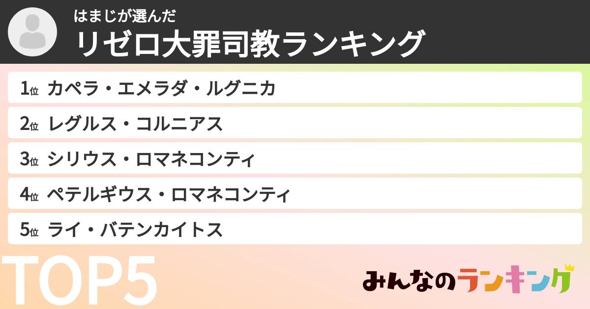 はまじさんの「リゼロ大罪司教ランキング」