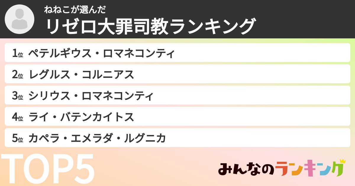 ねねこさんの「リゼロ大罪司教ランキング」