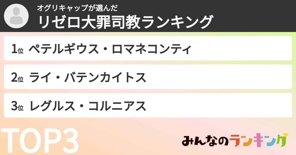 オグリキャップさんの「リゼロ大罪司教ランキング」
