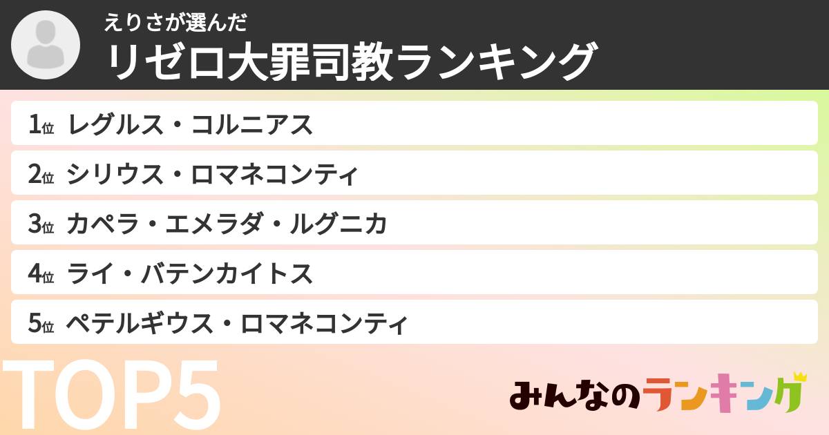 えりささんの「リゼロ大罪司教ランキング」