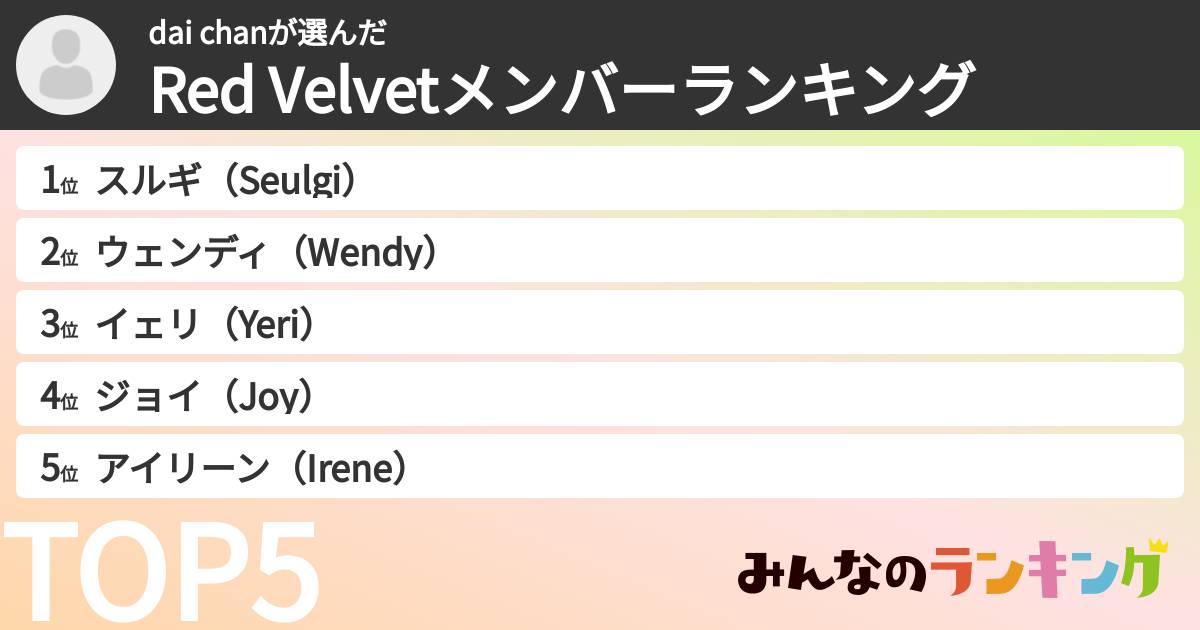 dai chanさんの「Red Velvetメンバーランキング」