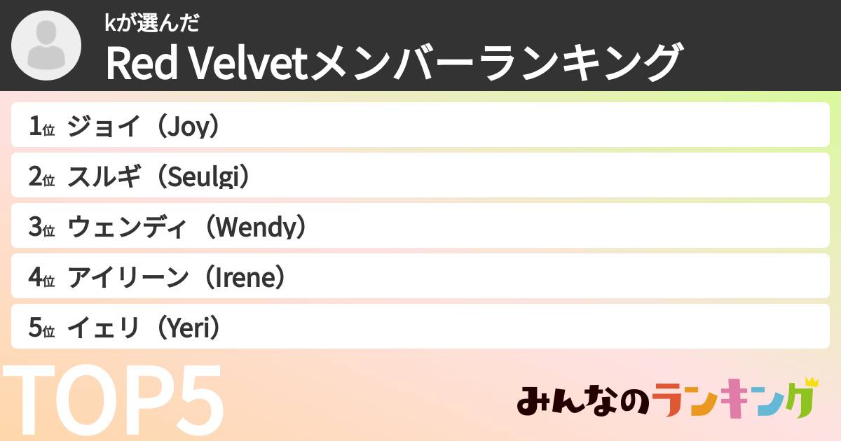 kさんの「Red Velvetメンバーランキング」