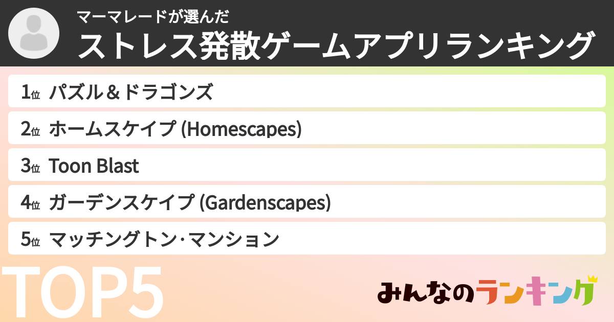 マーマレードさんの「ストレス発散ゲームアプリランキング」